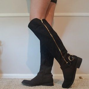 Over the Knee Black Suede Gold Buckle Goots